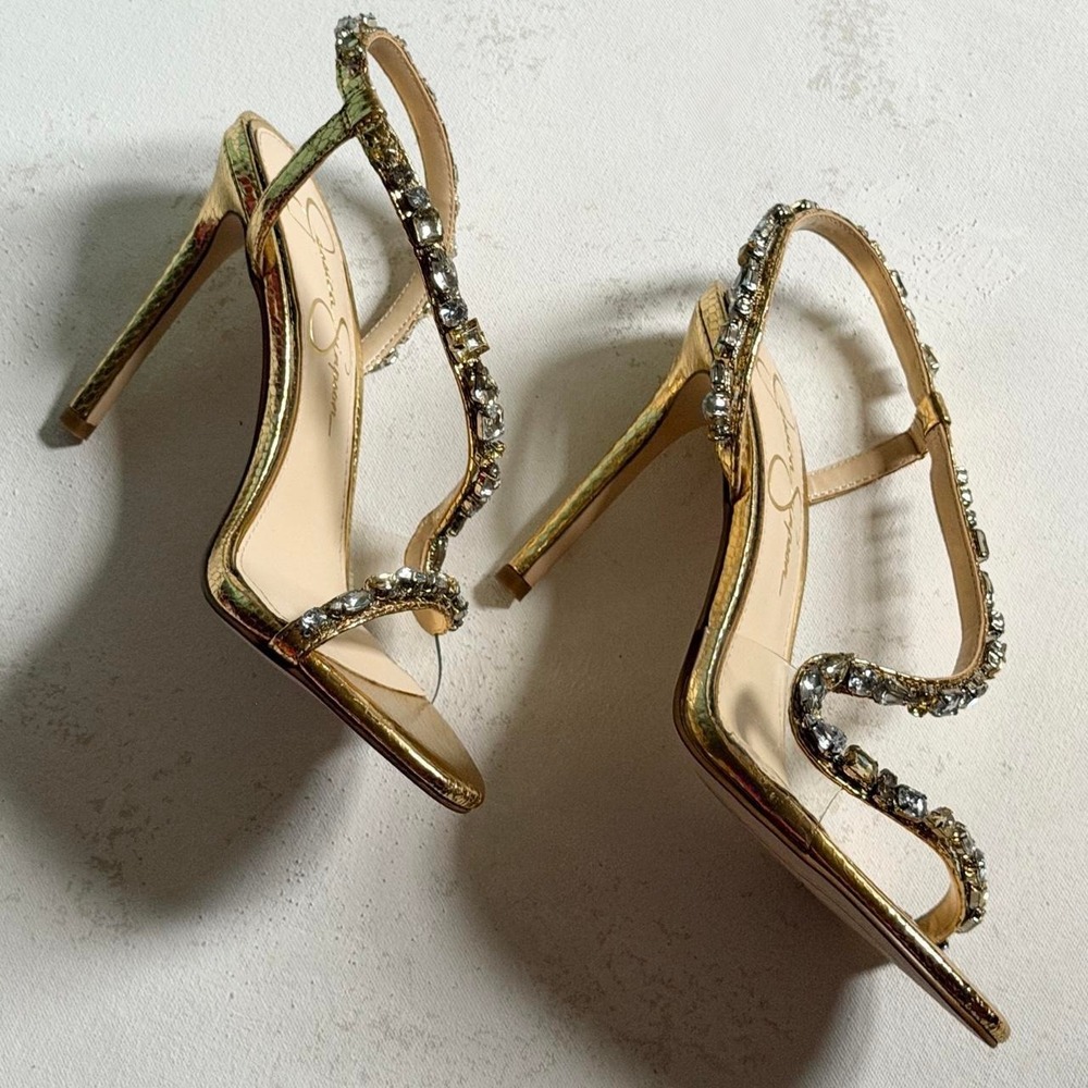Jessica Simpson Gold Metallic Rhinestone Strappy Stiletto Heels Size 6.5